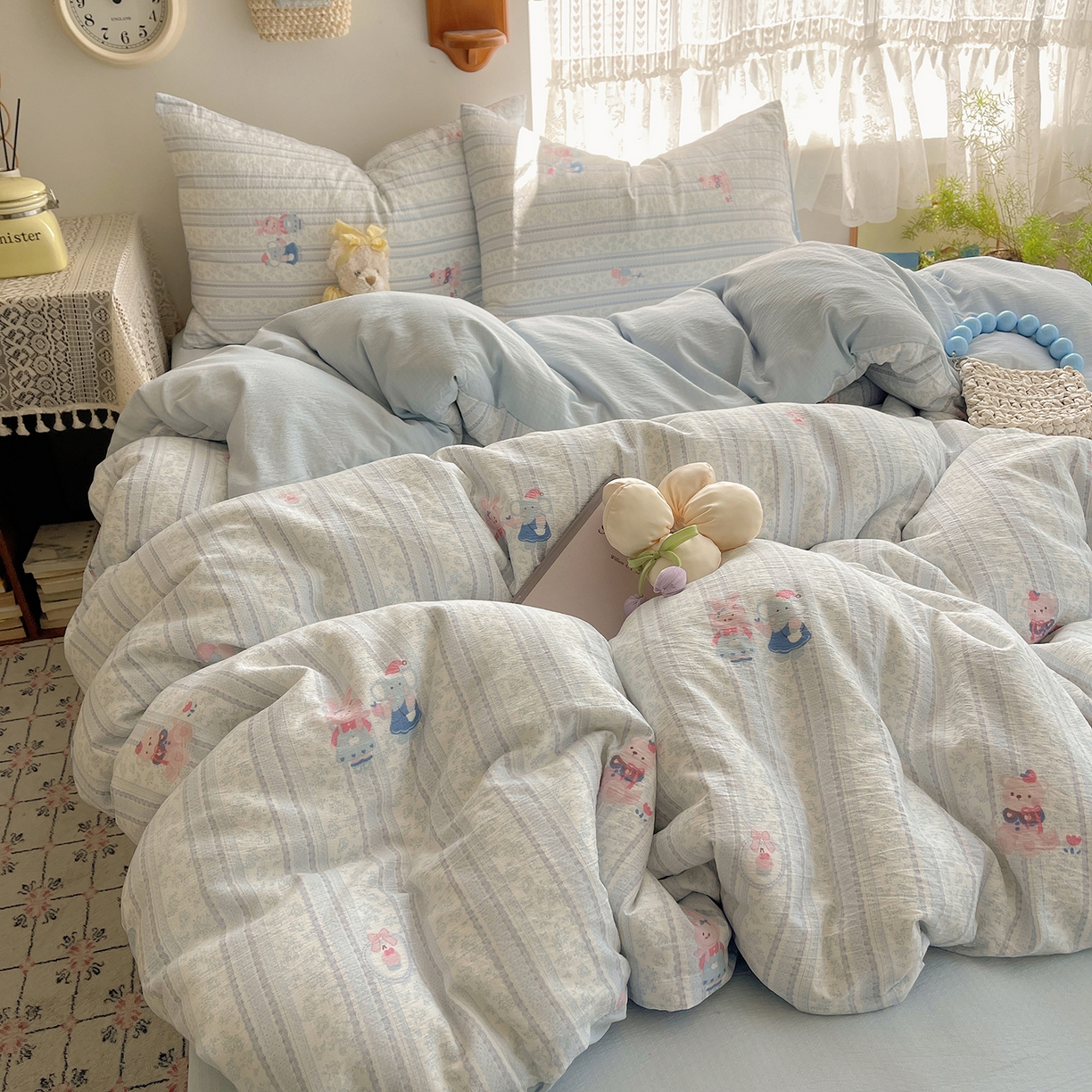 91家纺网 家纺一手货源 找家纺 沐芷 2026 【提供买家秀】简约可爱双层纱四件套床上用品 单被套/四件套 彼岸-小象宝宝