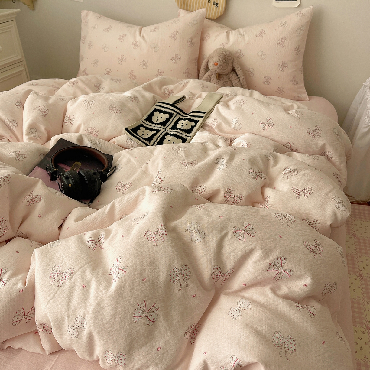 91家纺网 家纺一手货源 找家纺 沐芷 2026 【提供买家秀】简约可爱双层纱四件套床上用品 单被套/四件套 彼岸-心愿