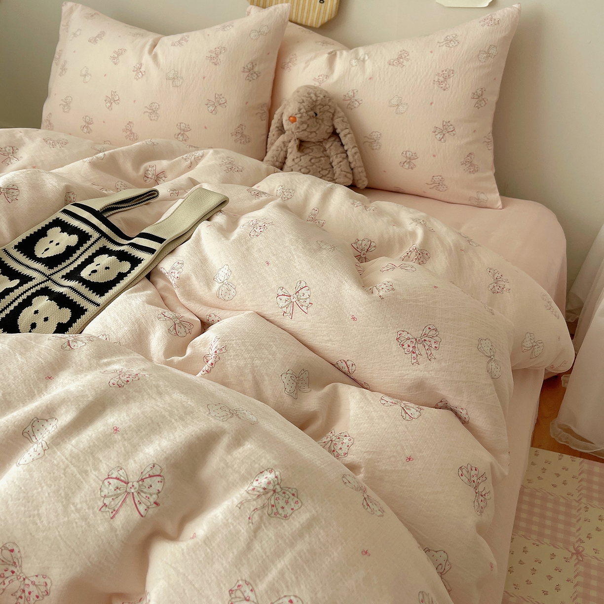 91家纺网 家纺一手货源 找家纺 沐芷 2026 【提供买家秀】简约可爱双层纱四件套床上用品 单被套/四件套 彼岸-心愿