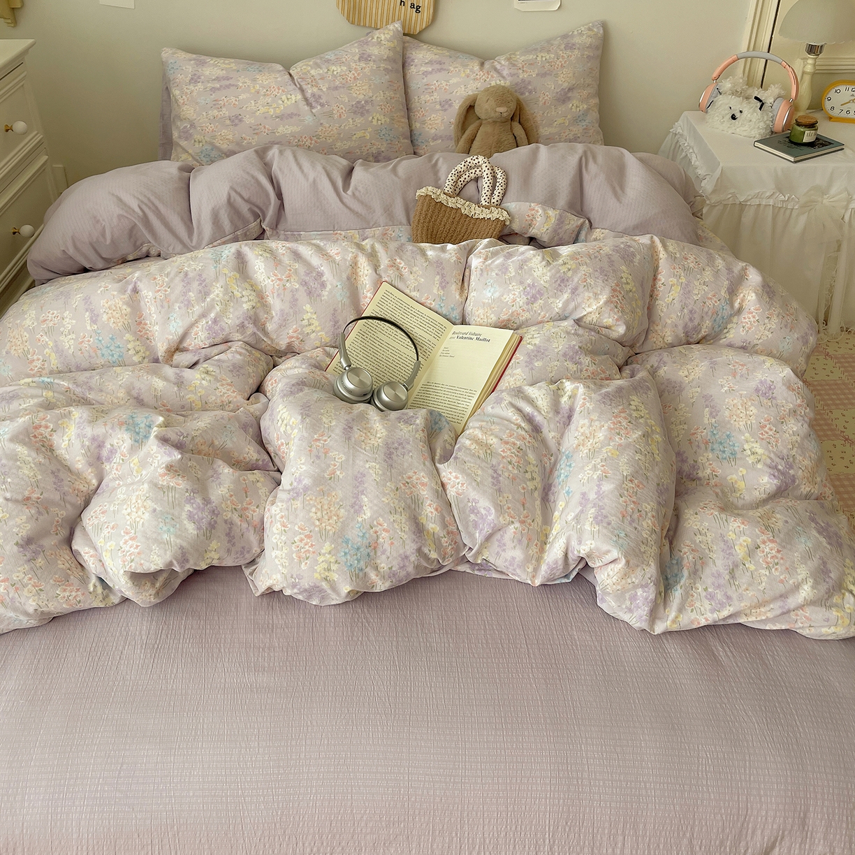 91家纺网 家纺一手货源 找家纺 沐芷 2026 【提供买家秀】简约可爱双层纱四件套床上用品 单被套/四件套 彼岸-薰衣草