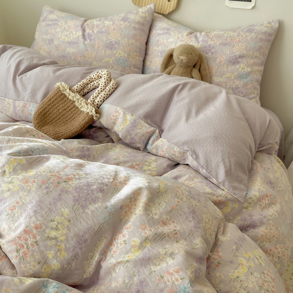 91家纺网 家纺一手货源 找家纺 沐芷 2026 【提供买家秀】简约可爱双层纱四件套床上用品 单被套/四件套 彼岸-薰衣草