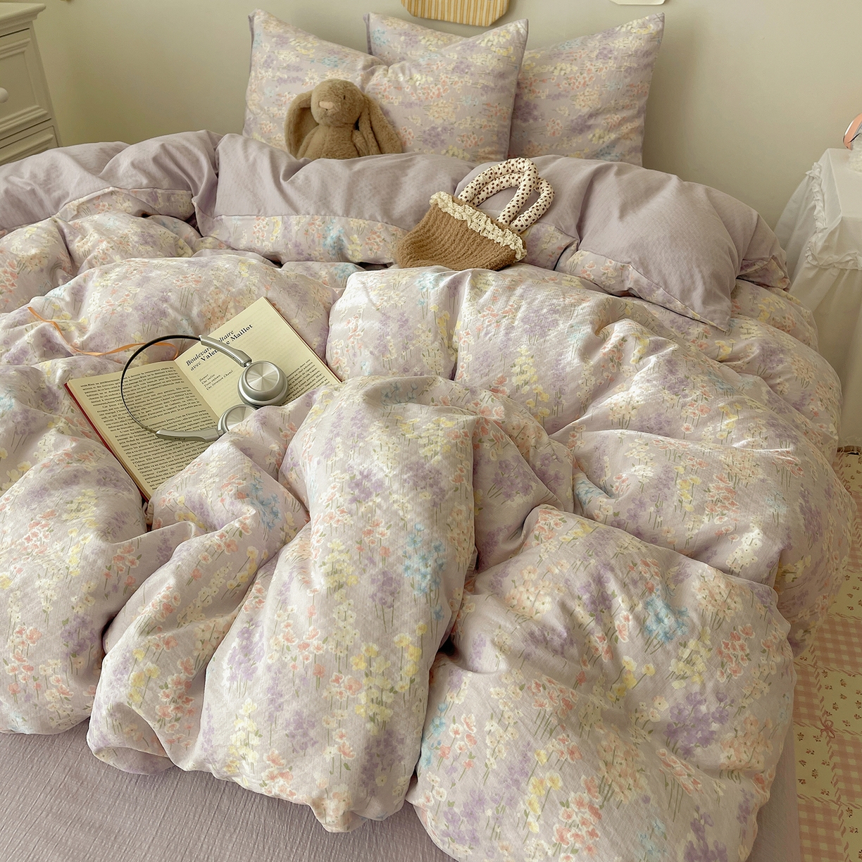 91家纺网 家纺一手货源 找家纺 沐芷 2026 【提供买家秀】简约可爱双层纱四件套床上用品 单被套/四件套 彼岸-薰衣草