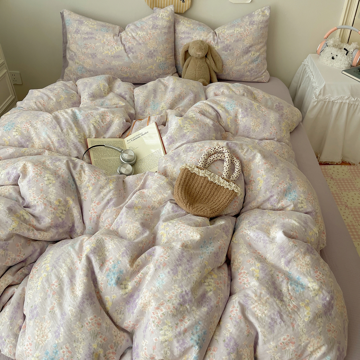 91家纺网 家纺一手货源 找家纺 沐芷 2026 【提供买家秀】简约可爱双层纱四件套床上用品 单被套/四件套 彼岸-薰衣草