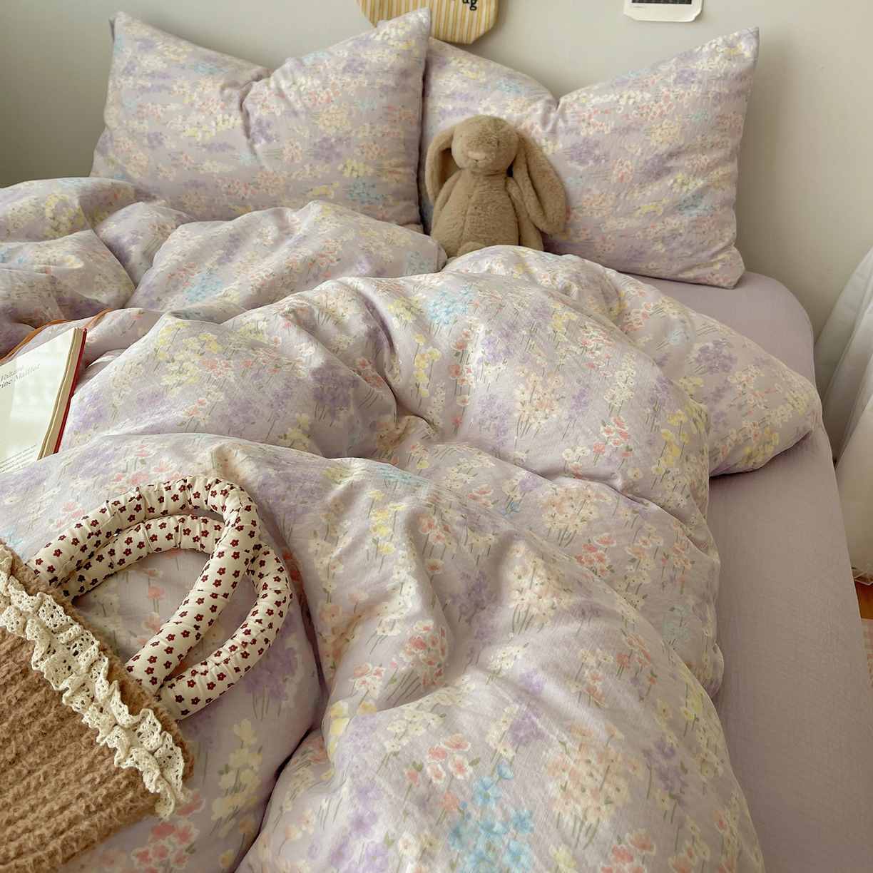 91家纺网 家纺一手货源 找家纺 沐芷 2026 【提供买家秀】简约可爱双层纱四件套床上用品 单被套/四件套 彼岸-薰衣草