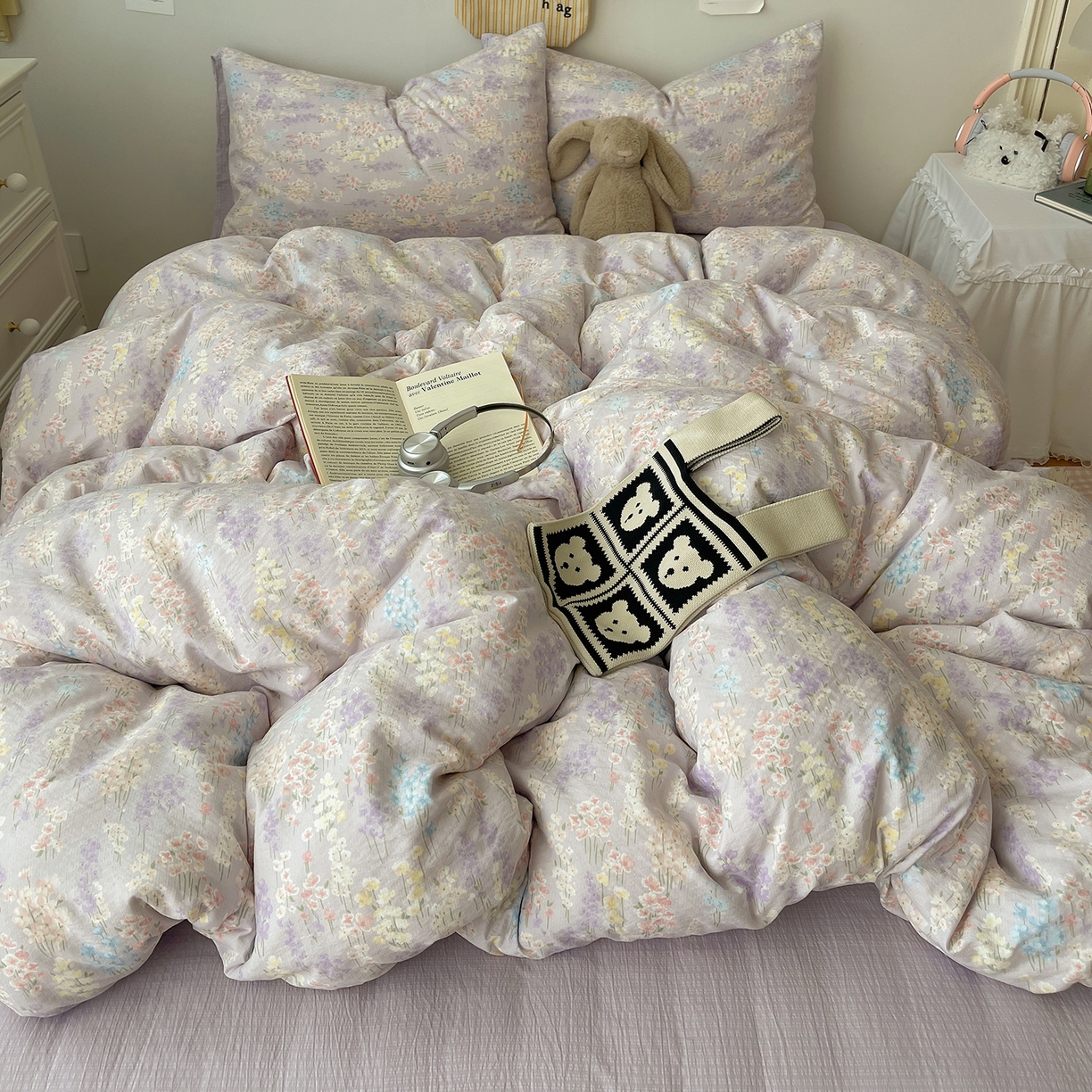 91家纺网 家纺一手货源 找家纺 沐芷 2026 【提供买家秀】简约可爱双层纱四件套床上用品 单被套/四件套 彼岸-薰衣草