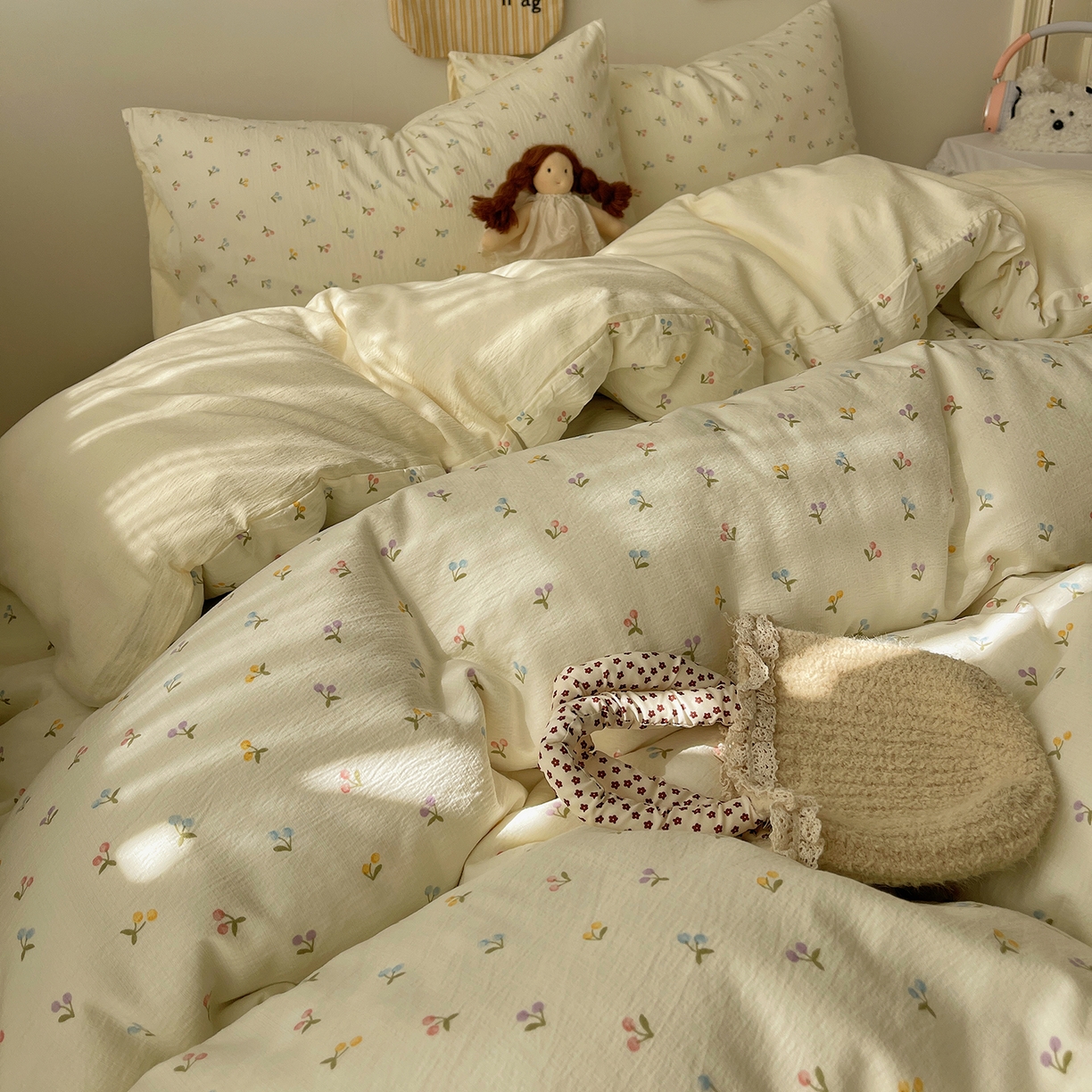 91家纺网 家纺一手货源 找家纺 沐芷 2026 【提供买家秀】简约可爱双层纱四件套床上用品 单被套/四件套 彼岸-樱桃布丁