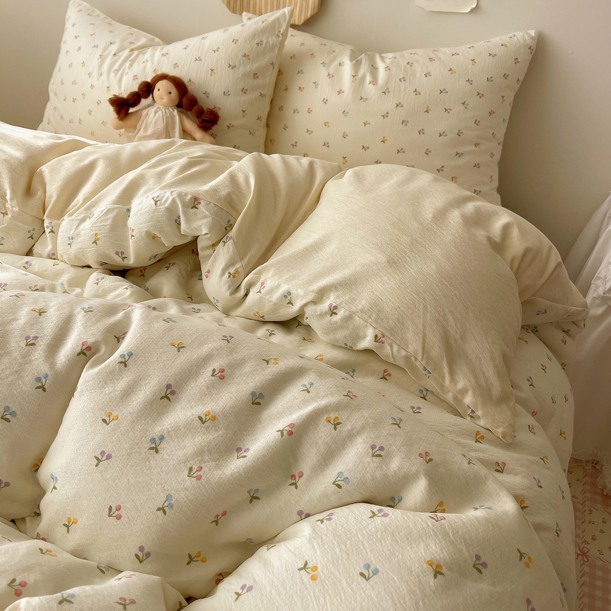 91家纺网 家纺一手货源 找家纺 沐芷 2026 【提供买家秀】简约可爱双层纱四件套床上用品 单被套/四件套 彼岸-樱桃布丁