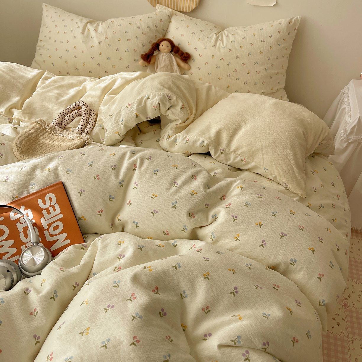 91家纺网 家纺一手货源 找家纺 沐芷 2026 【提供买家秀】简约可爱双层纱四件套床上用品 单被套/四件套 彼岸-樱桃布丁