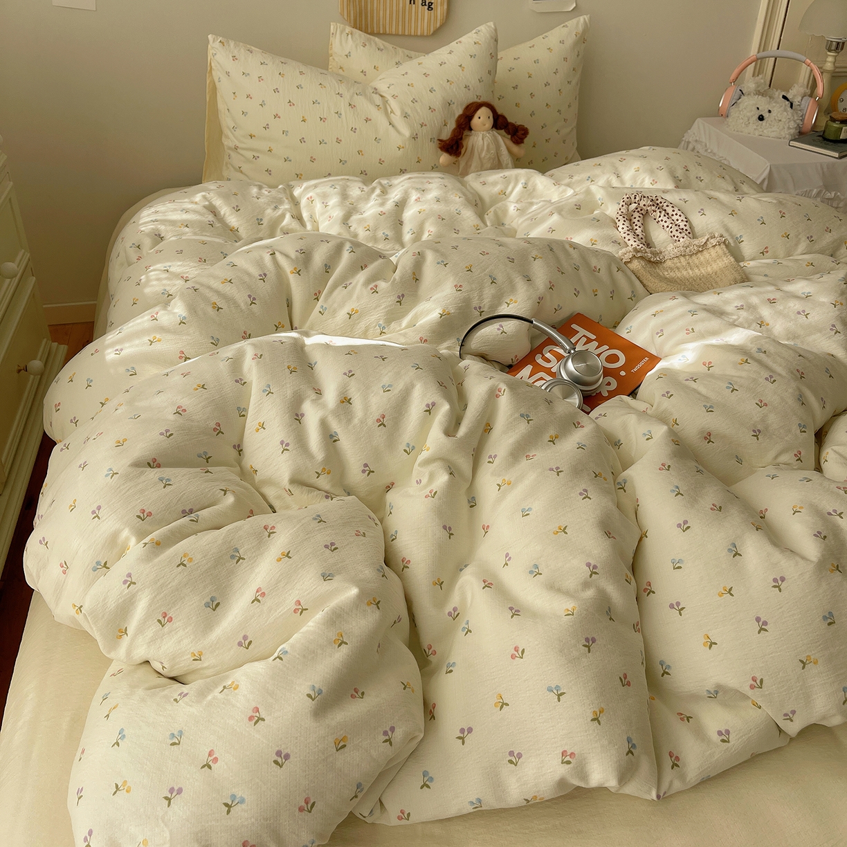 91家纺网 家纺一手货源 找家纺 沐芷 2026 【提供买家秀】简约可爱双层纱四件套床上用品 单被套/四件套 彼岸-樱桃布丁