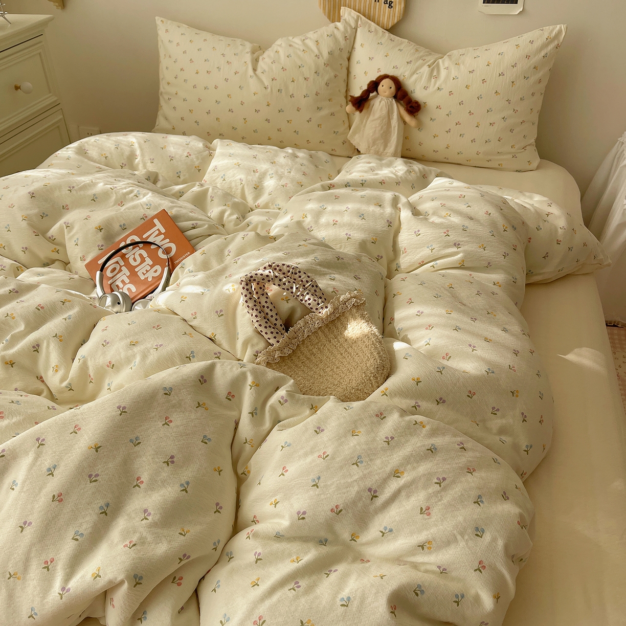 91家纺网 家纺一手货源 找家纺 沐芷 2026 【提供买家秀】简约可爱双层纱四件套床上用品 单被套/四件套 彼岸-樱桃布丁