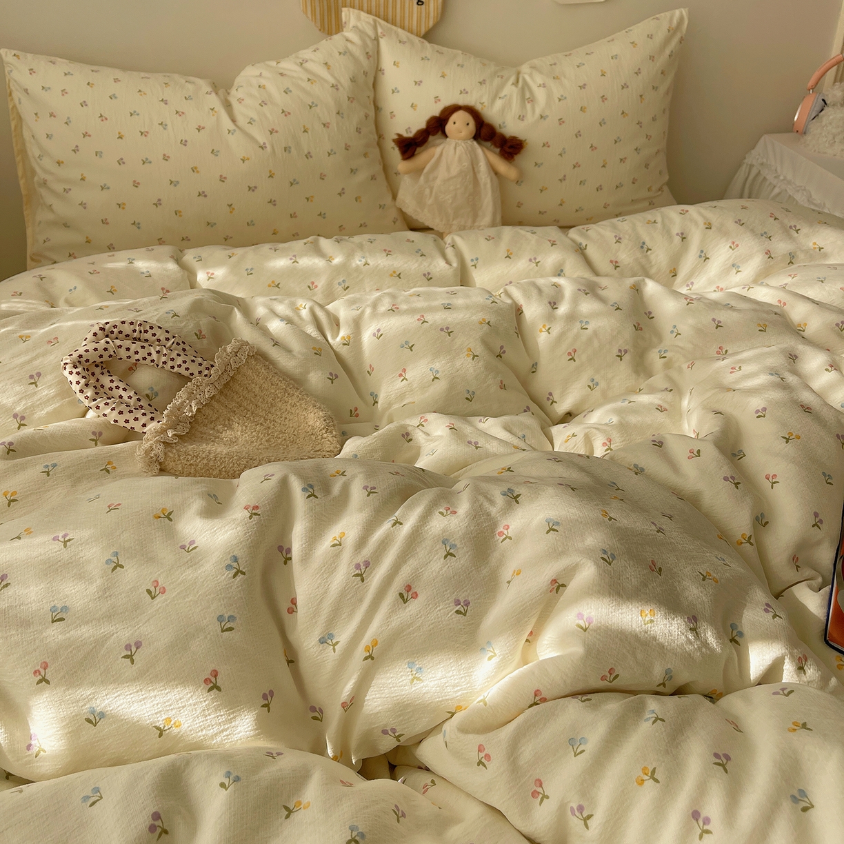 91家纺网 家纺一手货源 找家纺 沐芷 2026 【提供买家秀】简约可爱双层纱四件套床上用品 单被套/四件套 彼岸-樱桃布丁