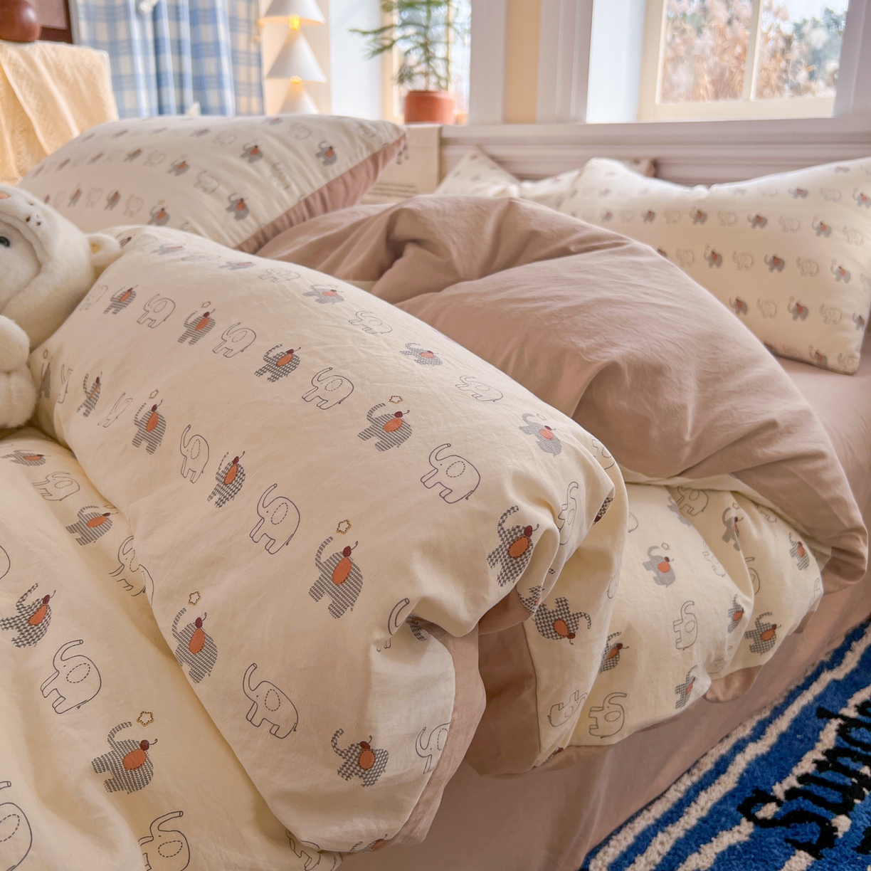 91家纺网 家纺一手货源 找家纺 瑞钰 2026新款A类古法水洗仿棉云感纱四件套小象格