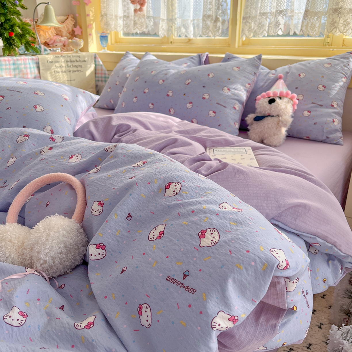 91家纺网 家纺一手货源 找家纺 瑞钰 2025新款云感双层纱暗合四件套 芝士小猫