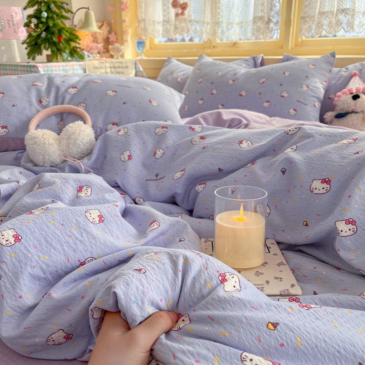 91家纺网 家纺一手货源 找家纺 瑞钰 2025新款云感双层纱暗合四件套 芝士小猫