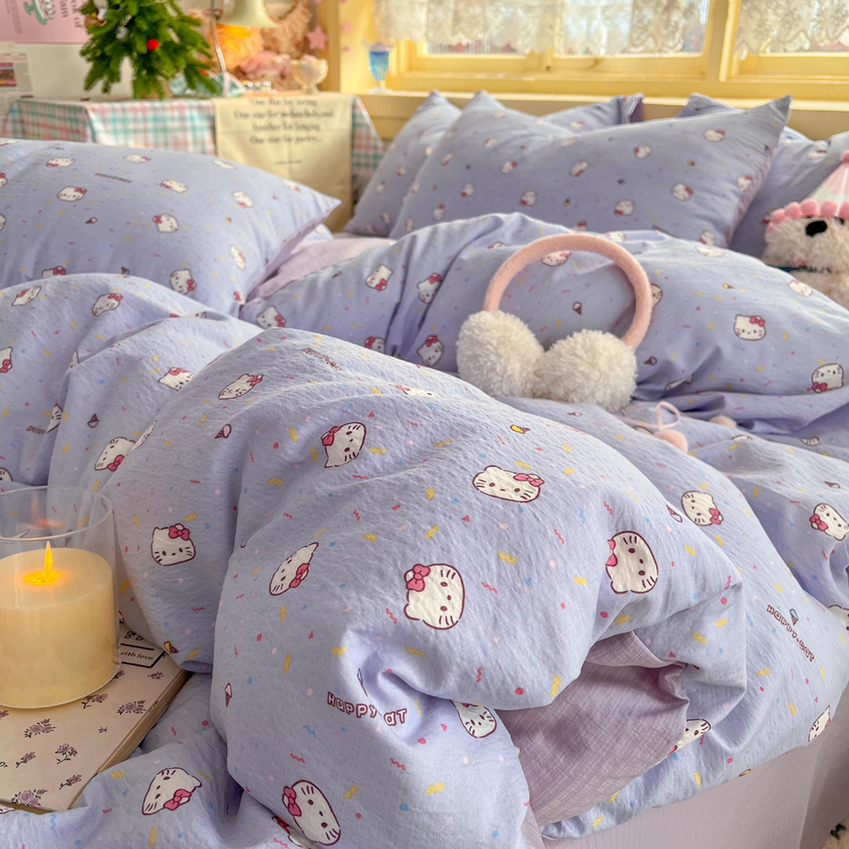 91家纺网 家纺一手货源 找家纺 瑞钰 2025新款云感双层纱暗合四件套 芝士小猫