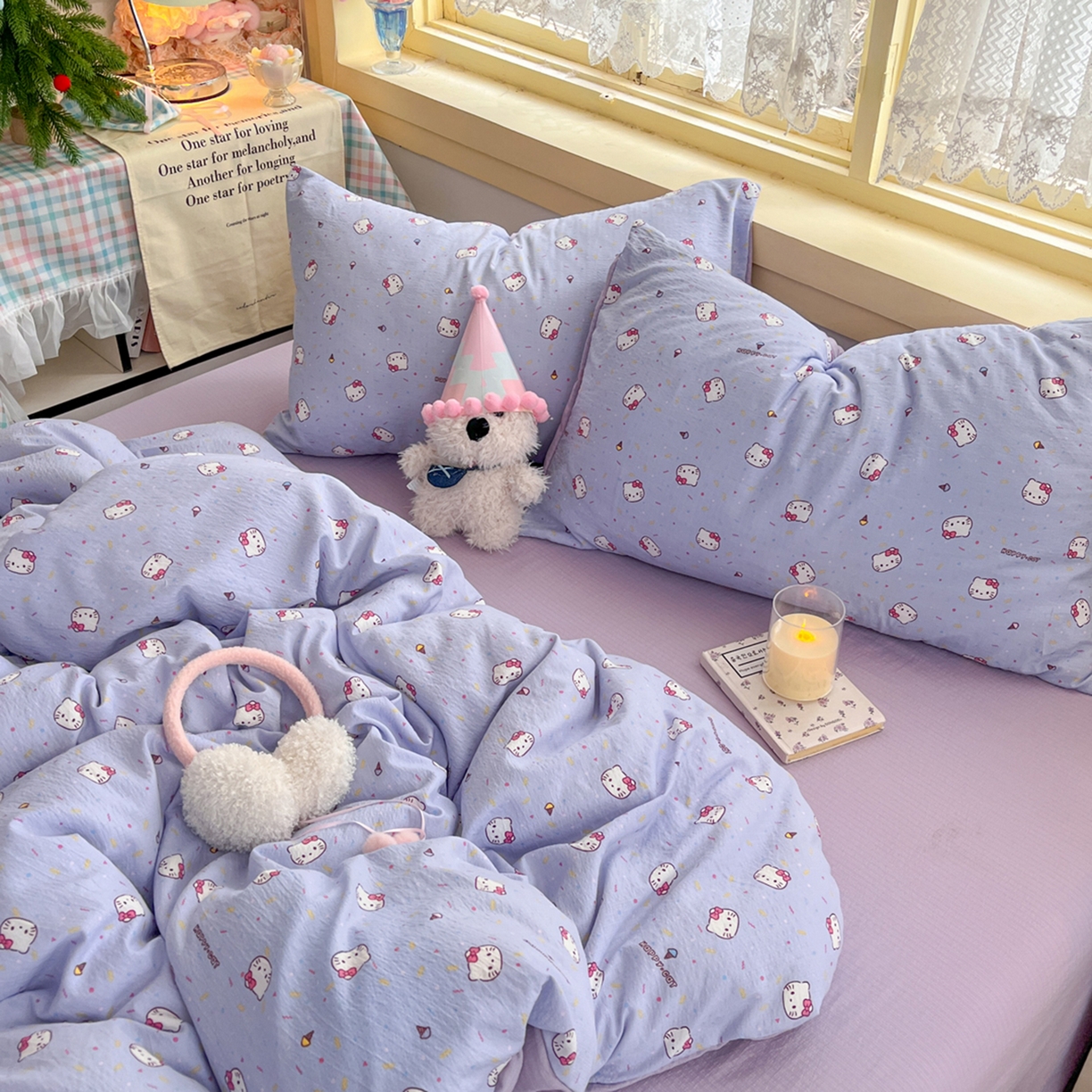 91家纺网 家纺一手货源 找家纺 瑞钰 2025新款云感双层纱暗合四件套 芝士小猫