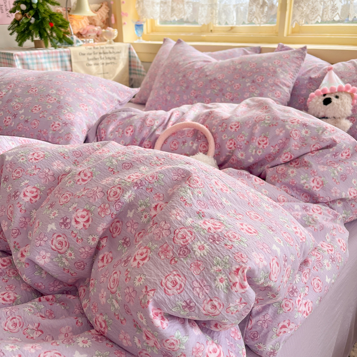 91家纺网 家纺一手货源 找家纺 瑞钰 2025新款云感双层纱暗合四件套 夕颜