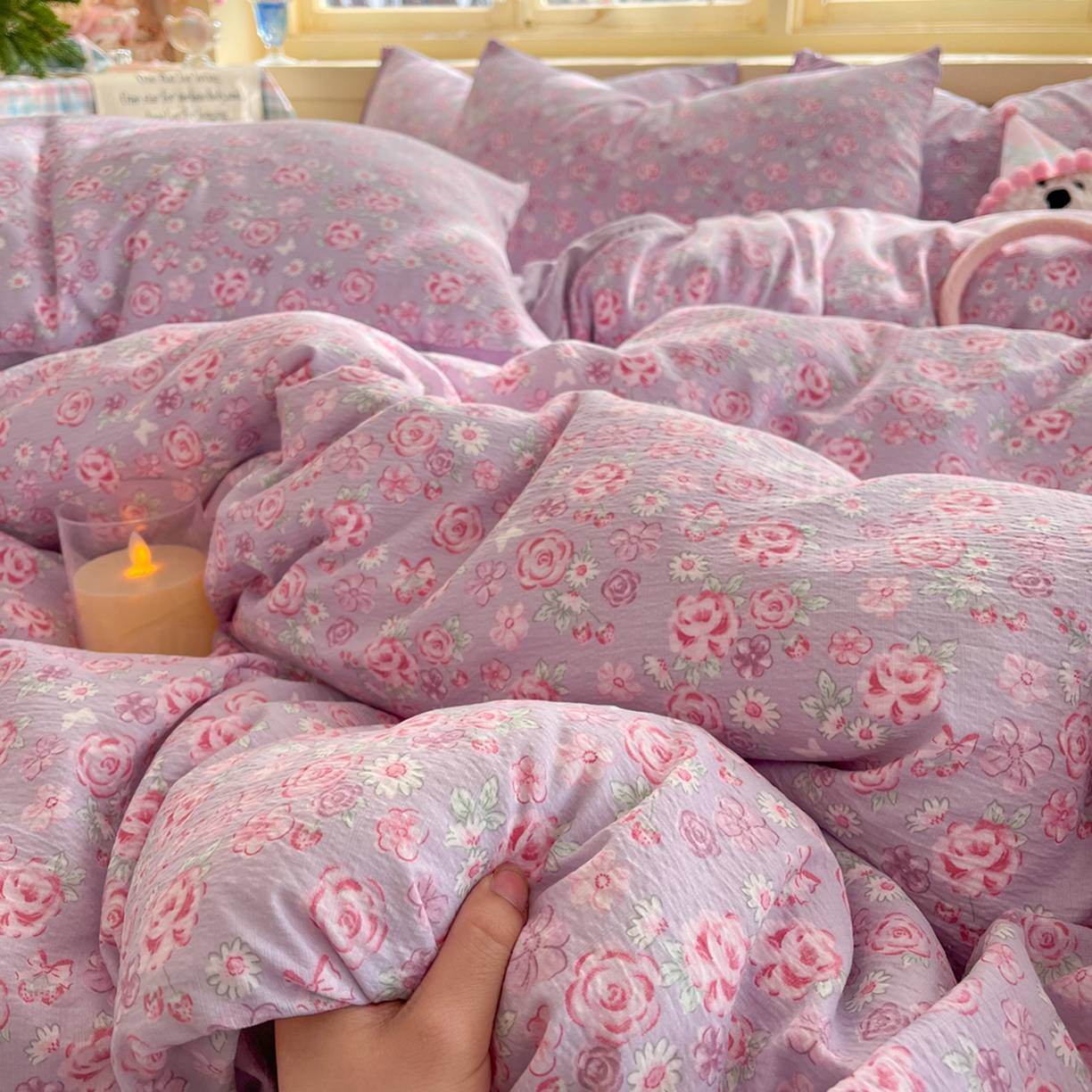 91家纺网 家纺一手货源 找家纺 瑞钰 2025新款云感双层纱暗合四件套 夕颜