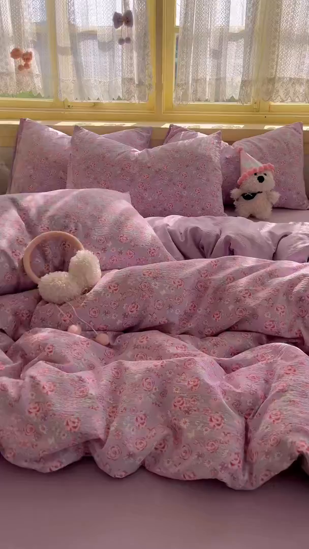 91家纺网 家纺一手货源 找家纺 瑞钰 2025新款云感双层纱暗合四件套 夕颜