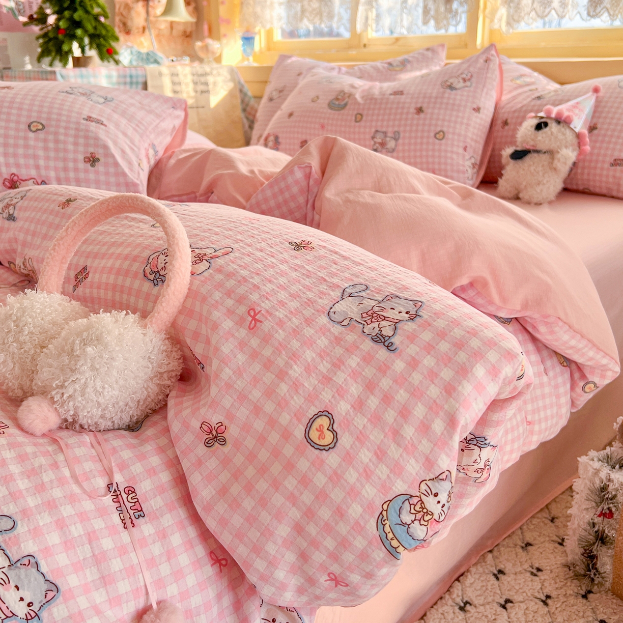 瑞钰 2025新款云感双层纱暗合四件套 可爱喵星球