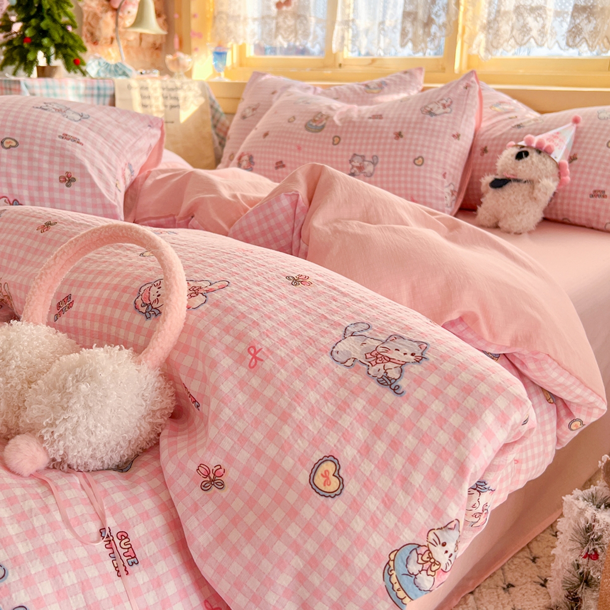 91家纺网 家纺一手货源 找家纺 瑞钰 2025新款云感双层纱暗合四件套 可爱喵星球