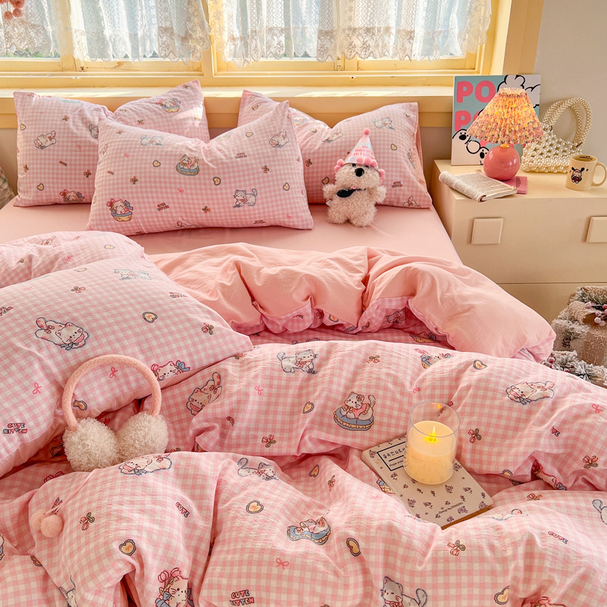 91家纺网 家纺一手货源 找家纺 瑞钰 2025新款云感双层纱暗合四件套 可爱喵星球