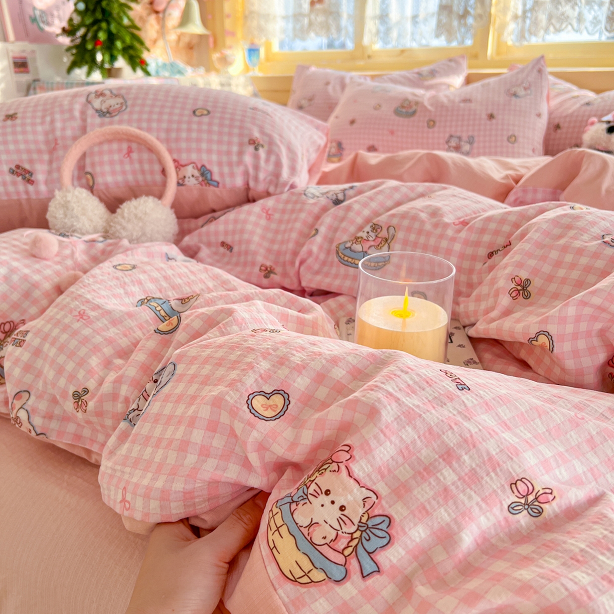 91家纺网 家纺一手货源 找家纺 瑞钰 2025新款云感双层纱暗合四件套 可爱喵星球