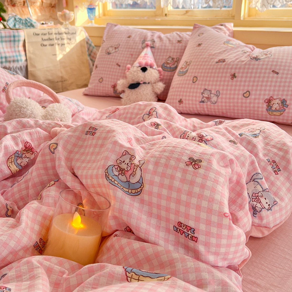 91家纺网 家纺一手货源 找家纺 瑞钰 2025新款云感双层纱暗合四件套 可爱喵星球