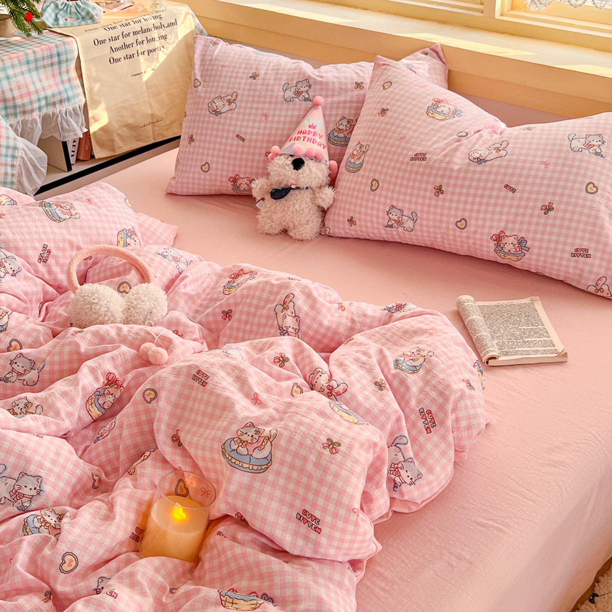 91家纺网 家纺一手货源 找家纺 瑞钰 2025新款云感双层纱暗合四件套 可爱喵星球