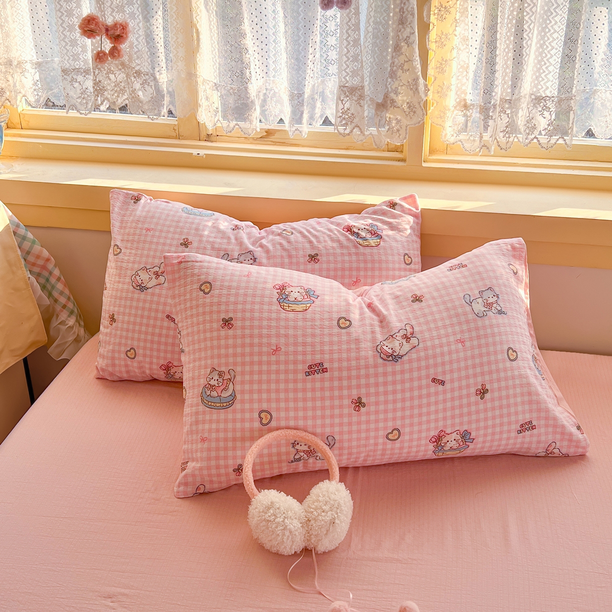 91家纺网 家纺一手货源 找家纺 瑞钰 2025新款云感双层纱暗合四件套 可爱喵星球