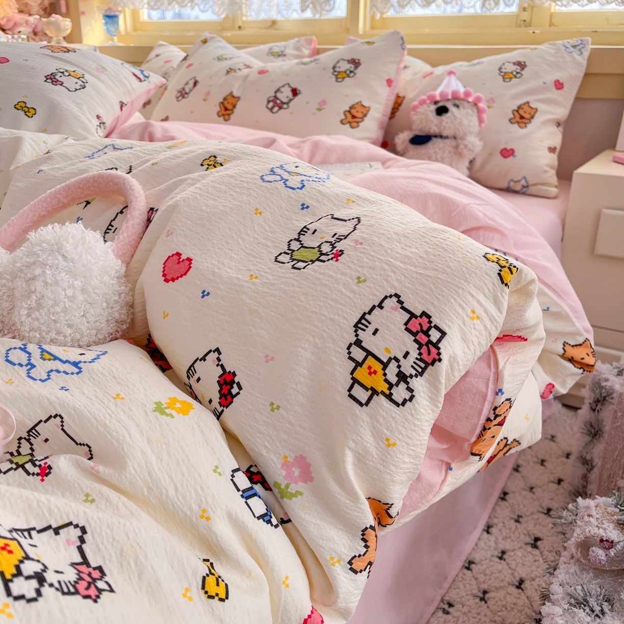 瑞钰 2025新款云感双层纱暗合四件套 像素猫咪