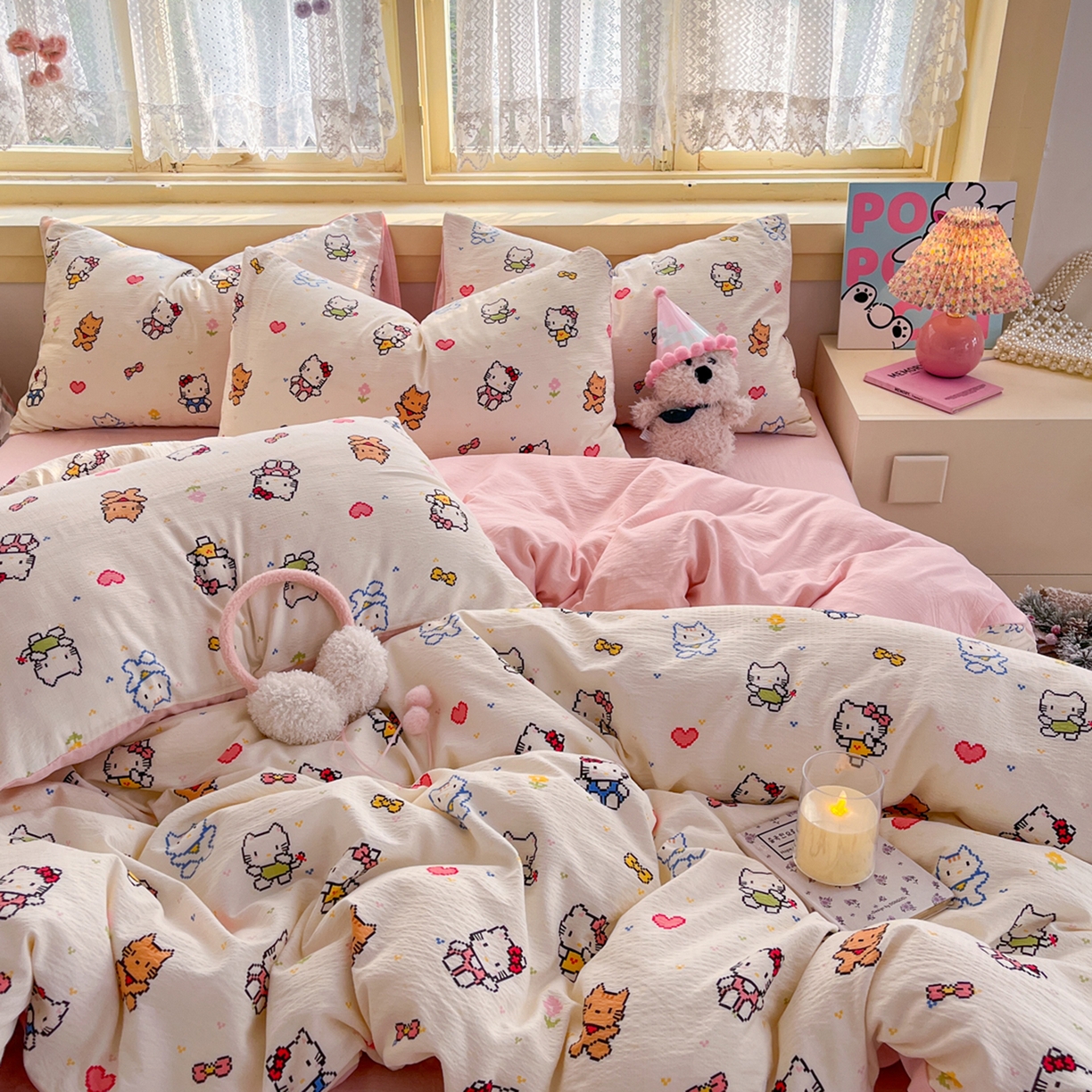 91家纺网 家纺一手货源 找家纺 瑞钰 2025新款云感双层纱暗合四件套 像素猫咪