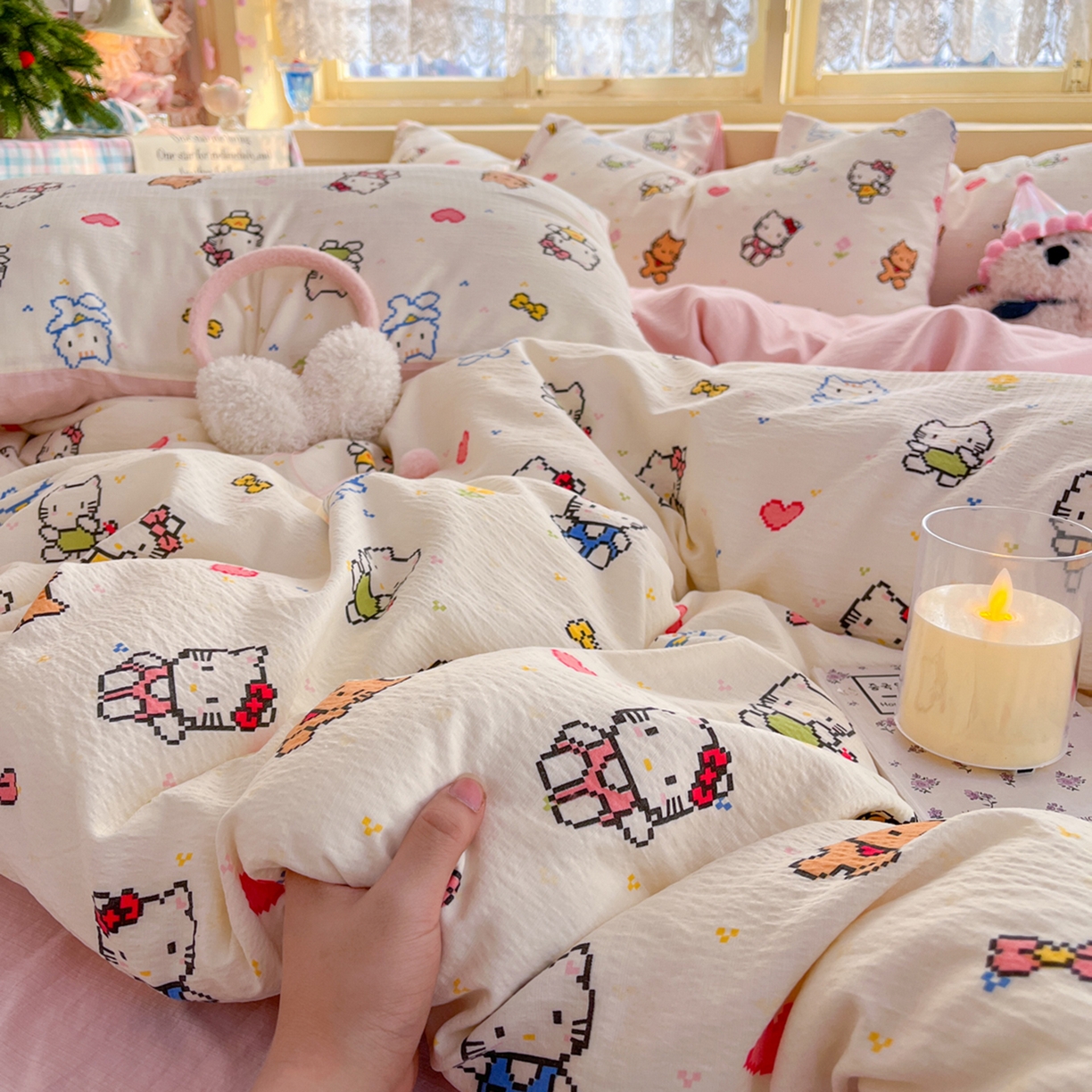 91家纺网 家纺一手货源 找家纺 瑞钰 2025新款云感双层纱暗合四件套 像素猫咪