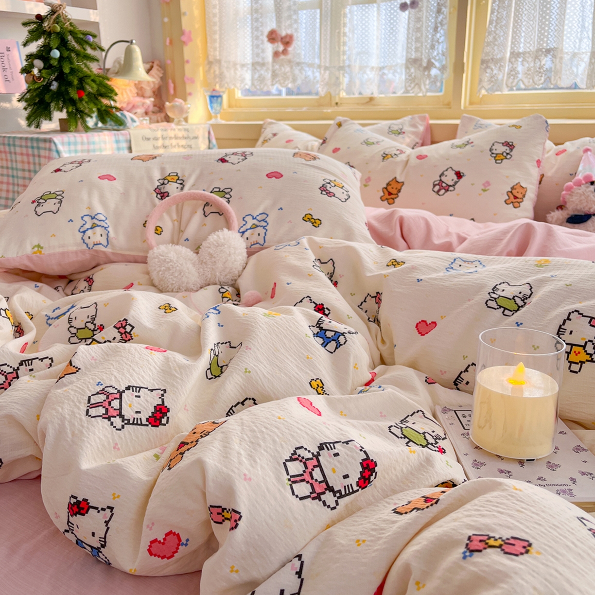 91家纺网 家纺一手货源 找家纺 瑞钰 2025新款云感双层纱暗合四件套 像素猫咪