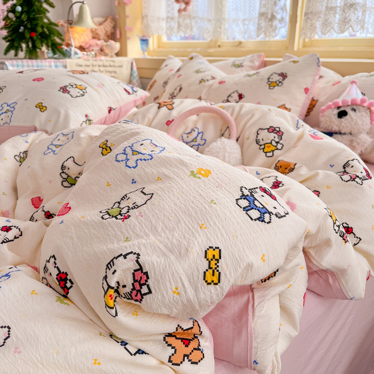 91家纺网 家纺一手货源 找家纺 瑞钰 2025新款云感双层纱暗合四件套 像素猫咪