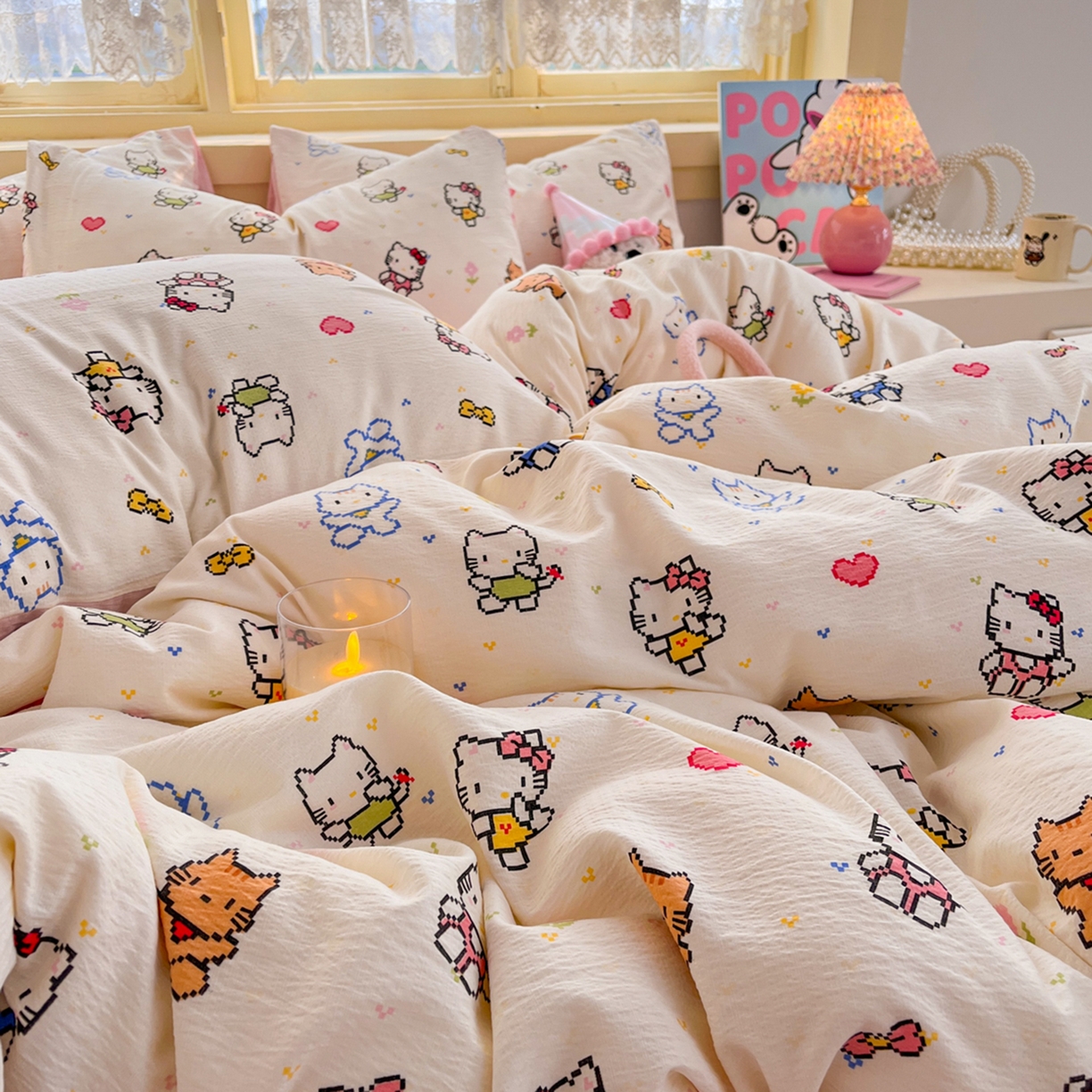 91家纺网 家纺一手货源 找家纺 瑞钰 2025新款云感双层纱暗合四件套 像素猫咪