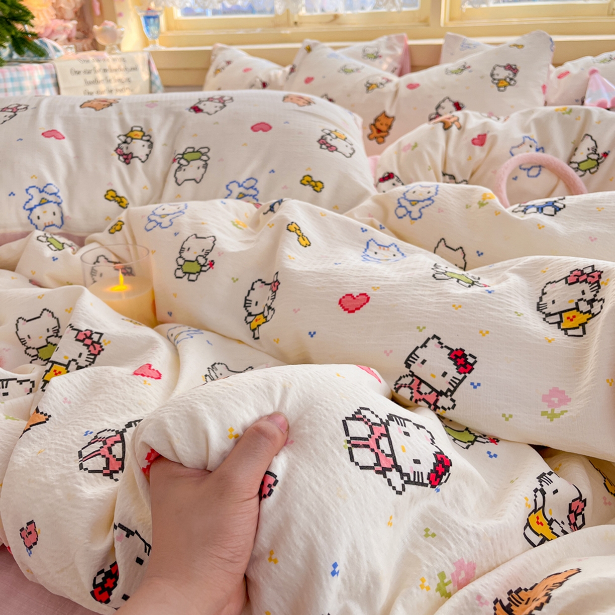 91家纺网 家纺一手货源 找家纺 瑞钰 2025新款云感双层纱暗合四件套 像素猫咪