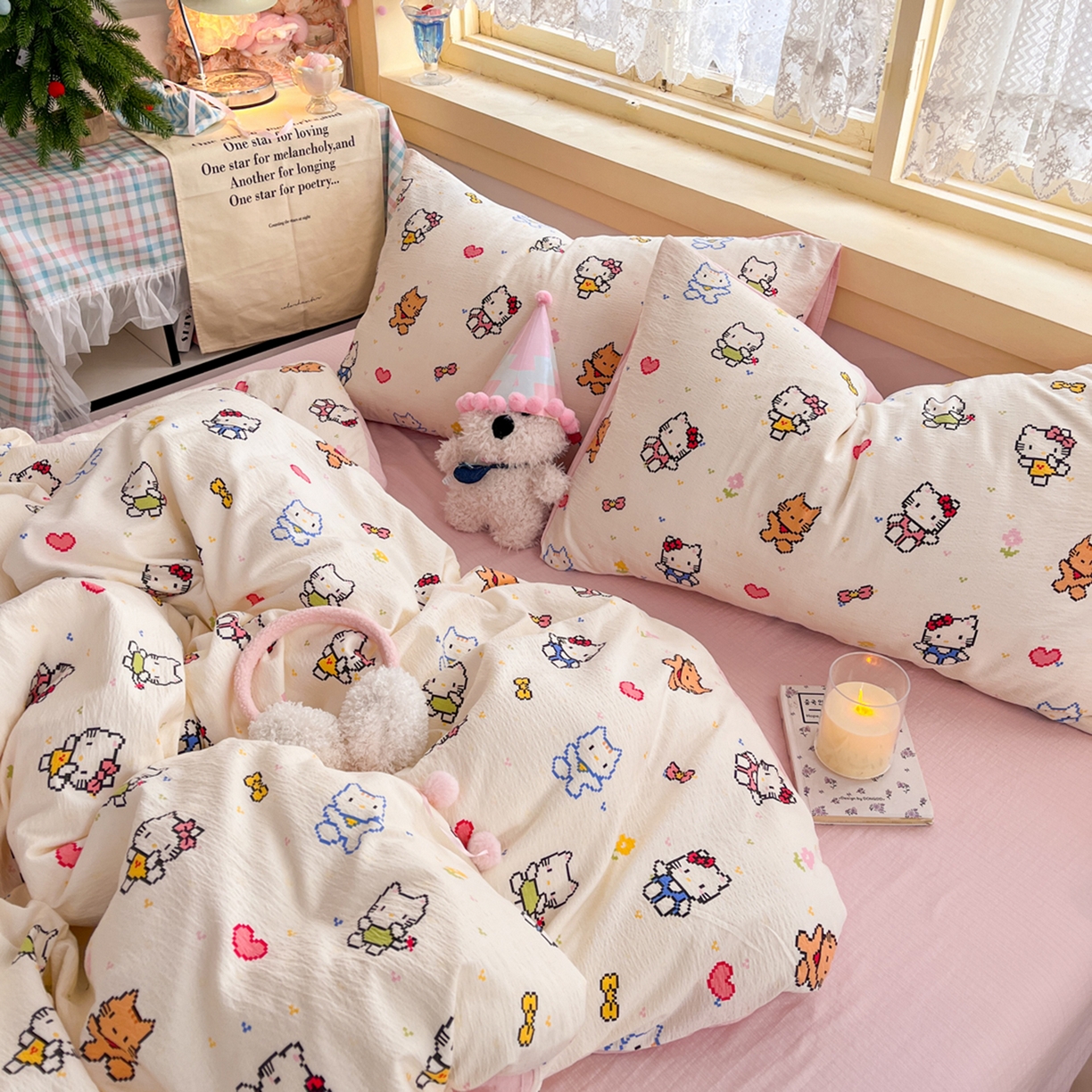 91家纺网 家纺一手货源 找家纺 瑞钰 2025新款云感双层纱暗合四件套 像素猫咪