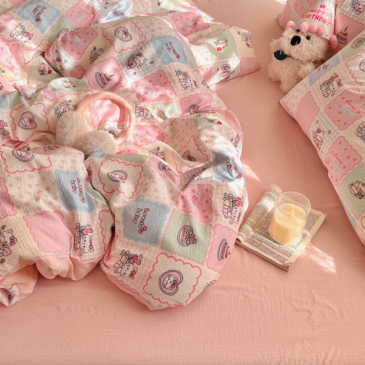 91家纺网 家纺一手货源 找家纺 瑞钰 2025新款云感双层纱暗合四件套 甜品猫