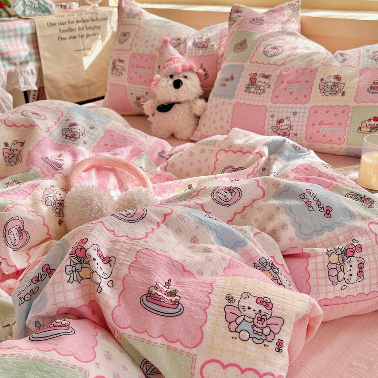 91家纺网 家纺一手货源 找家纺 瑞钰 2025新款云感双层纱暗合四件套 甜品猫