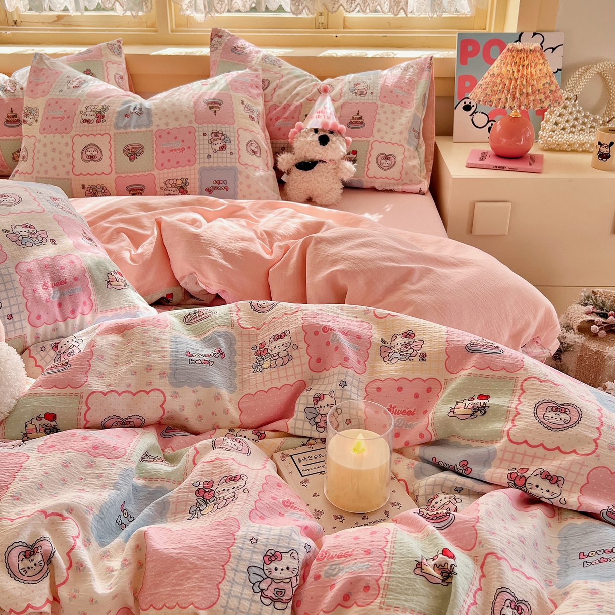 91家纺网 家纺一手货源 找家纺 瑞钰 2025新款云感双层纱暗合四件套 甜品猫