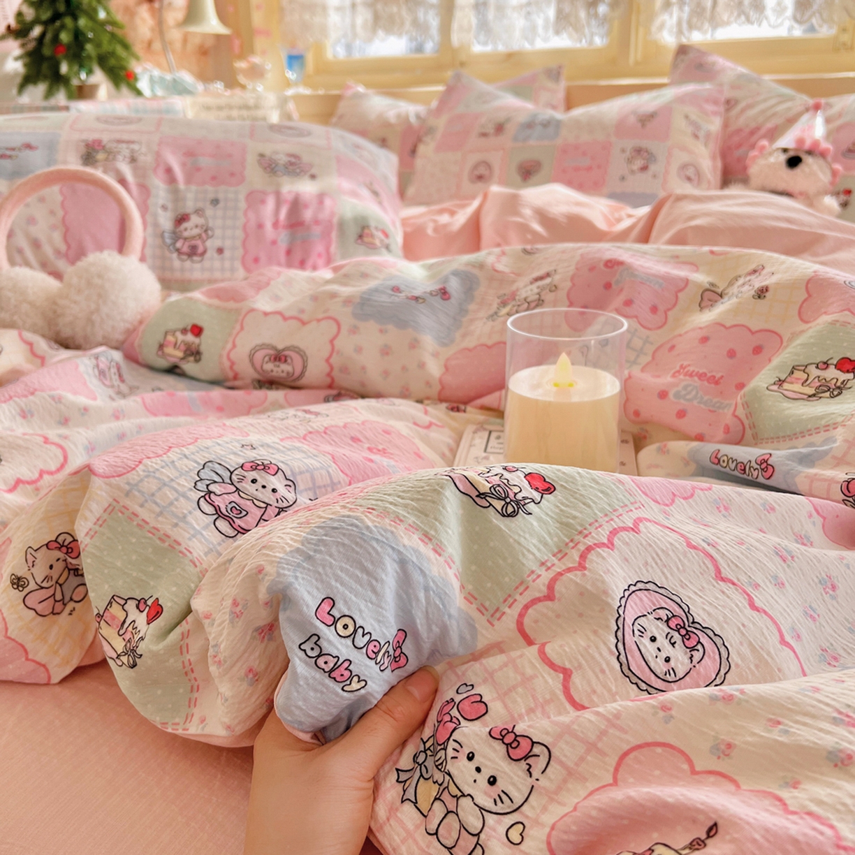 91家纺网 家纺一手货源 找家纺 瑞钰 2025新款云感双层纱暗合四件套 甜品猫