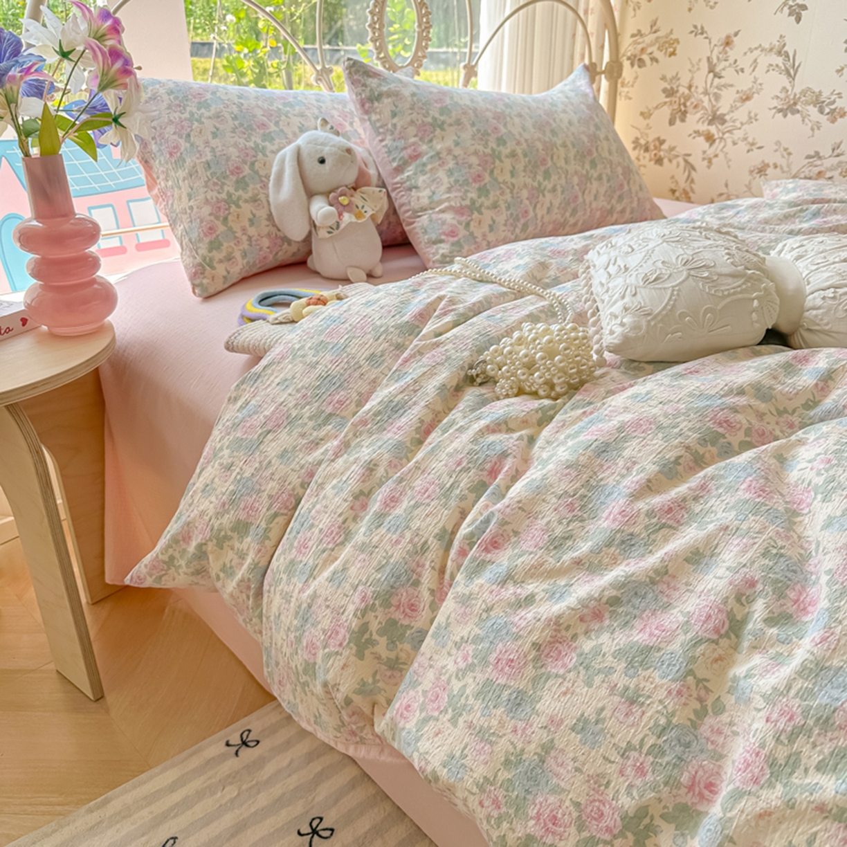 91家纺网 家纺一手货源 找家纺 瑞钰 2025新款云感双层纱暗合四件套 白月光