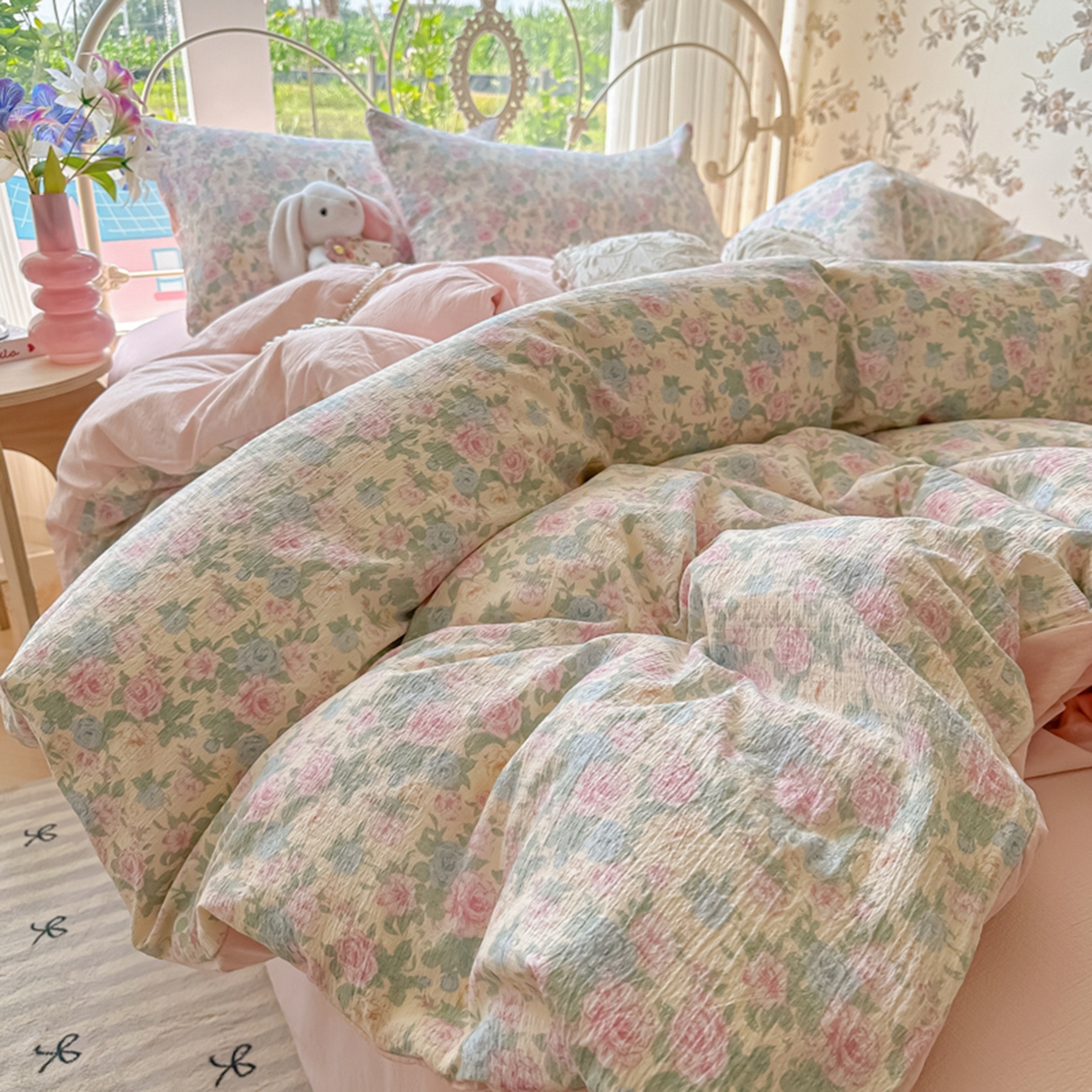 91家纺网 家纺一手货源 找家纺 瑞钰 2025新款云感双层纱暗合四件套 白月光