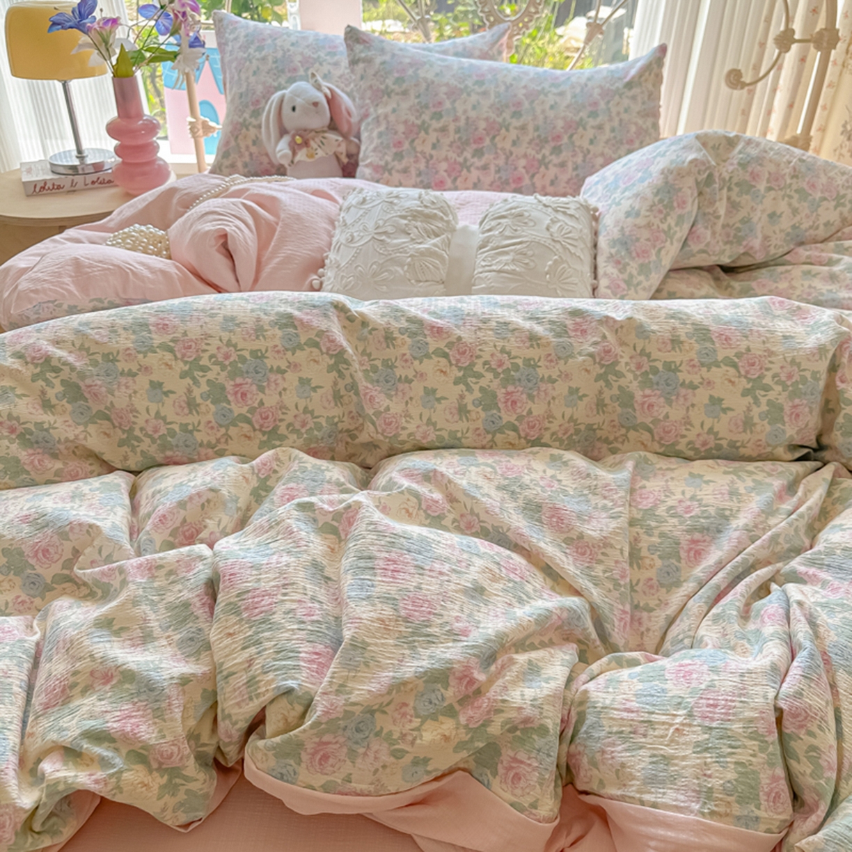 91家纺网 家纺一手货源 找家纺 瑞钰 2025新款云感双层纱暗合四件套 白月光