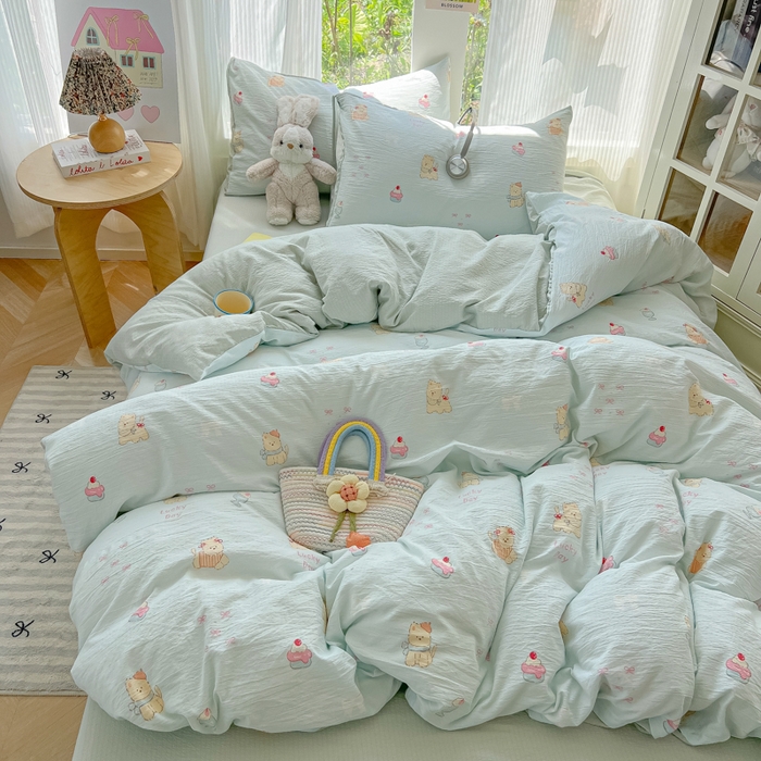 91家纺网 家纺一手货源 找家纺 瑞钰 2025新款云感双层纱暗合四件套 蛋糕小猫