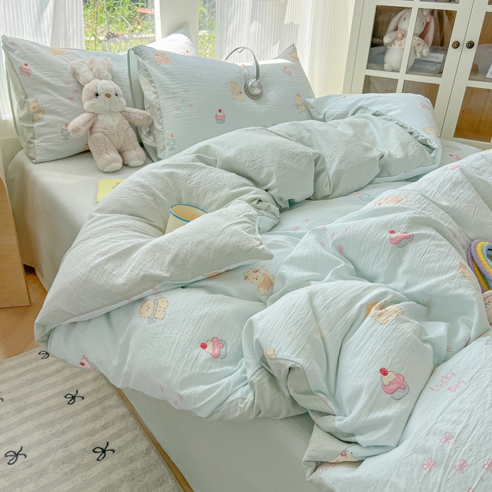 91家纺网 家纺一手货源 找家纺 瑞钰 2025新款云感双层纱暗合四件套 蛋糕小猫