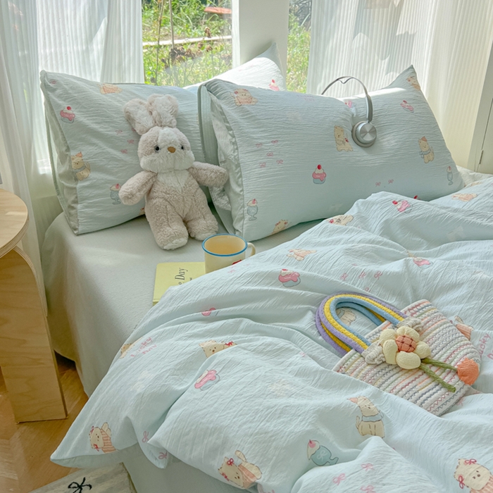 91家纺网 家纺一手货源 找家纺 瑞钰 2025新款云感双层纱暗合四件套 蛋糕小猫