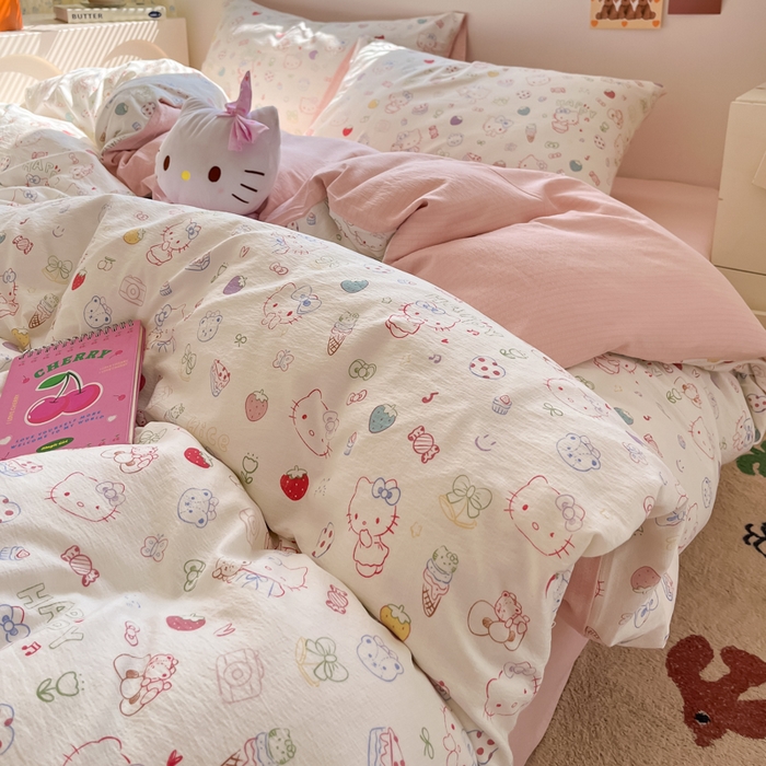 91家纺网 家纺一手货源 找家纺 瑞钰 2025新款云感双层纱暗合四件套 凯蒂猫