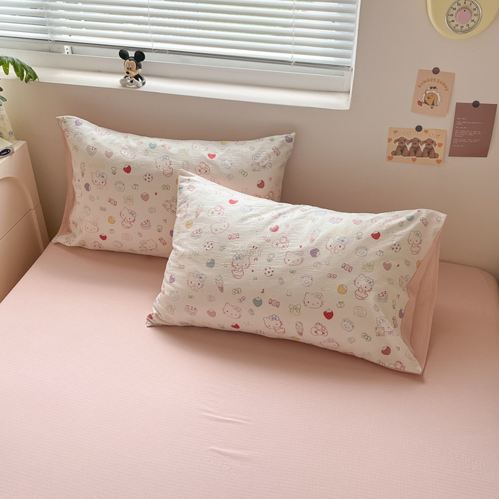 91家纺网 家纺一手货源 找家纺 瑞钰 2025新款云感双层纱暗合四件套 凯蒂猫